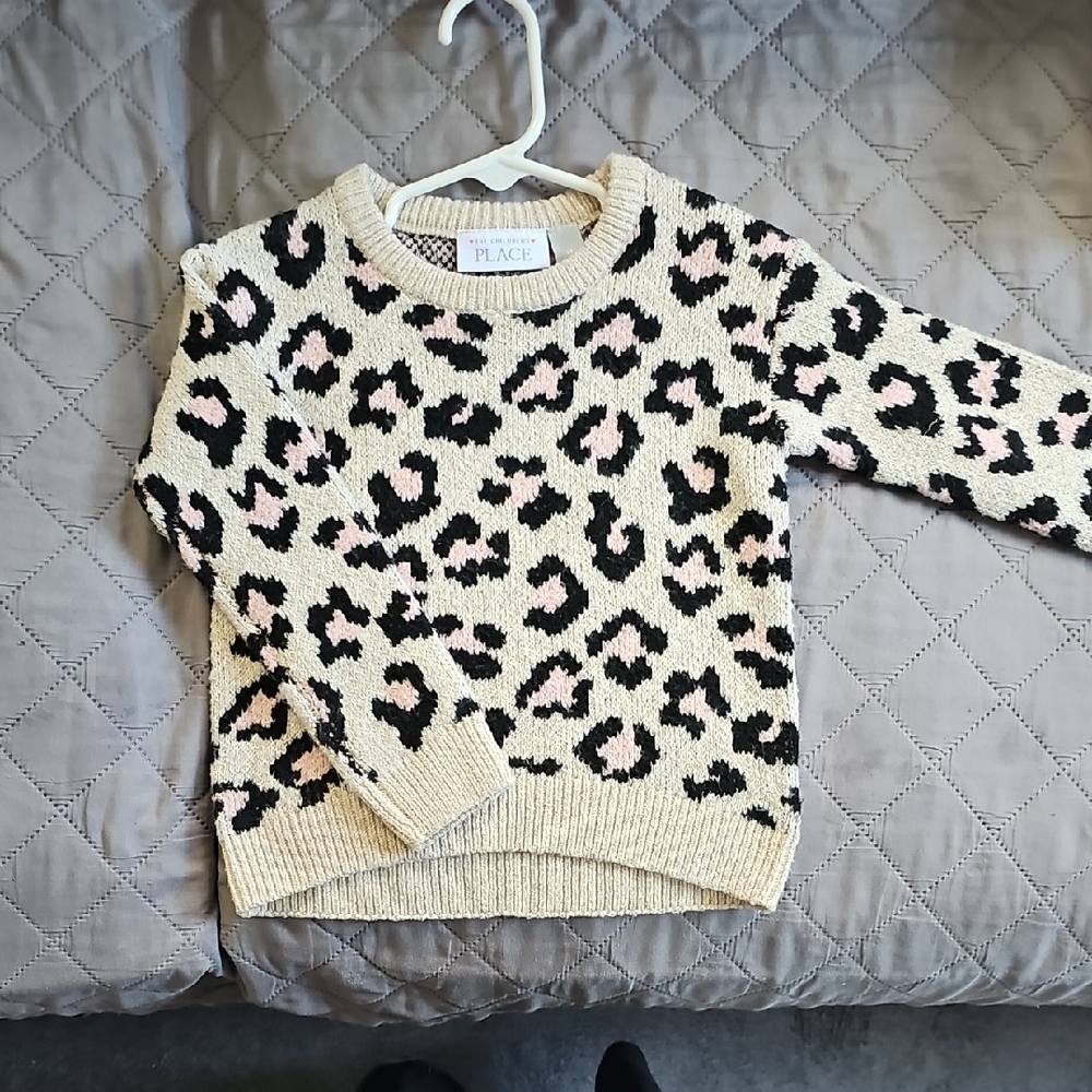 The Children's Place Cream and Black Leopard Print Crew Neck Sweater